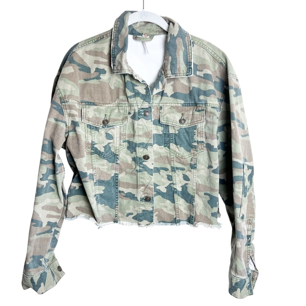 Free People Camo Cropped Denim Jacket Size S
